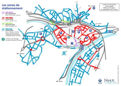 Carte parkings 2026 Carte de Namur reprenant les zones de parkings, les parkings en ouvrage ainsi que la localisation de la Maison de l'Écologie
